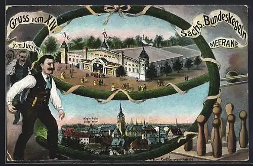 Künstler-AK Meerane, XIV. Sächsisches Bundeskegeln 1913, Keglerheim Stadt Wien