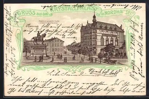 Lithographie Nordhausen, Friedrich Wilhelm-Platz mit Kaiser Friedrich-Denkmal & Krystallpalast