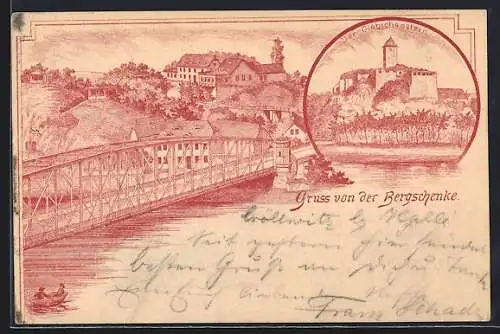 Vorläufer-Lithographie Halle /Saale, 1893, Gasthof Bergschenke, Blick auf den Giebichenstein