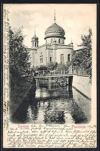 AK Pforzheim, Flusspartie mit Synagoge
