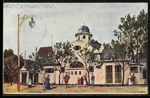 Künstler-AK Ulf Seidl: Wien, 1. Internationale Jagd-Ausstellung 1910, Niederösterr. Winzerhaus