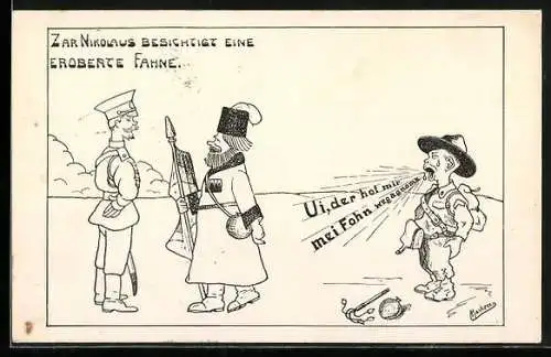 AK Propaganda 1. Weltkrieg, Zar Nikoluas von Russland besichtigt eine eroberte Fahne