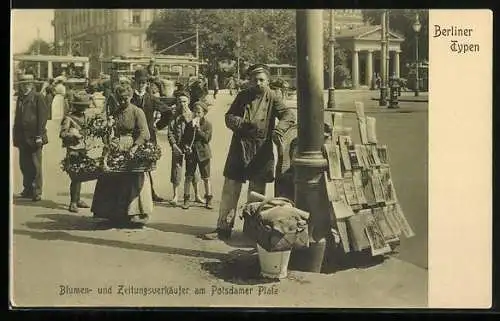 AK Berlin, Blumen- und Zeitungsverkäufer am Potsdamer Platz