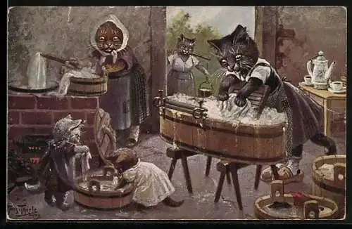 Künstler-AK Arthur Thiele: Katzenfamilie bei der Wäsche