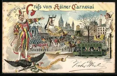 Lithographie Köln, Strassenbahn passiert den Karnevalsumzug am Neumarkt