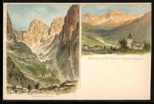 Künstler-AK sign. H. Heubner: Grasleitenhütte, Berghütte mit Gebirgspanorama, Rosengarten bei Tiers mit Cyprians-Kapelle