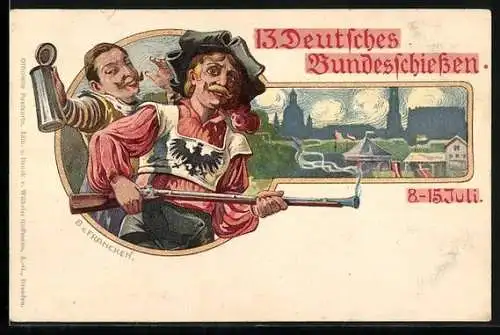 AK Dresden, 13. Dt. Bundesschiessen, Zwei Schützen mit Bierkrug und Gewehr, Schützenfest, Schützenverein