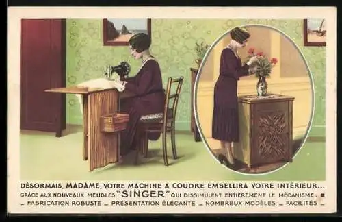 AK Frau an der SINGER-Nähmaschine