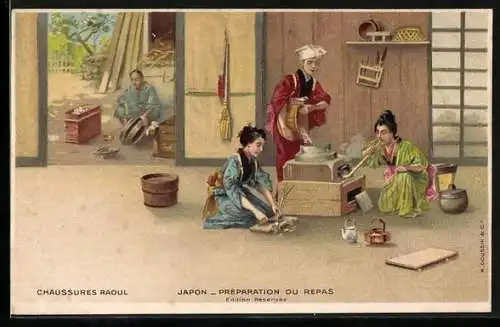 AK Reklame Schuhhersteller Chaussures Raoul, Geisha beim Kochen