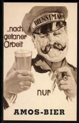 Künstler-AK Reklame für Amos-Bier, Dienstmann mit Bierglas