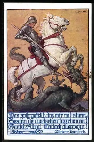 Künstler-AK Theo Zasche: Sankt Georg als Ritter zu Pferde im Kampf mit dem welschen Tazzelwurm