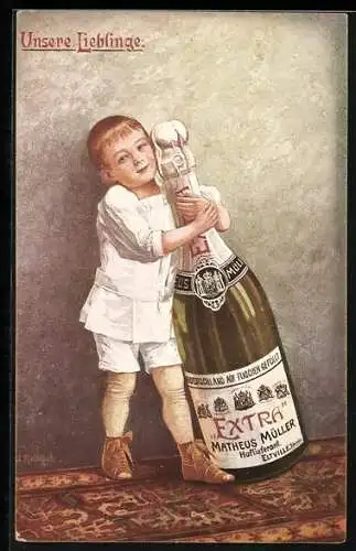 Künstler-AK Kleinkind mit einer Flasche Sekt