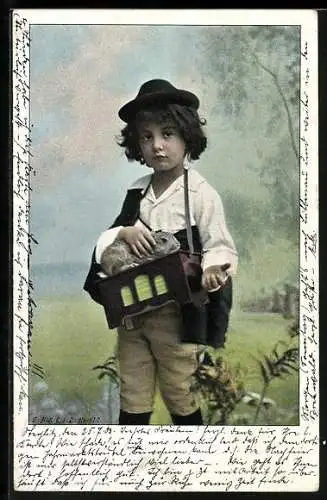 AK Kleiner Leierkastenspieler mit Kaninchen