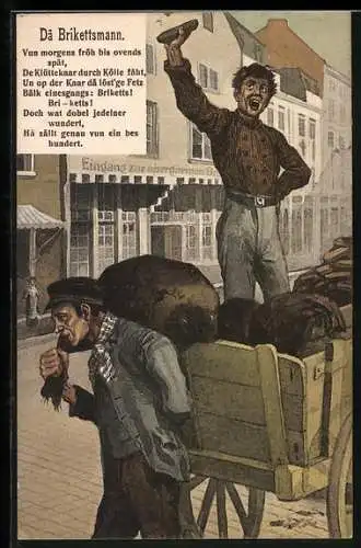 Künstler-AK Köln, Dä Brikettsmann, Kohleverkauf auf der Strasse aus dem Wagen heraus