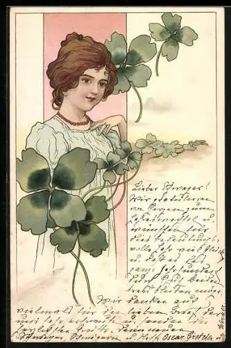 AK Junge Frau mit vierblättrigem Klee, Jugendstil