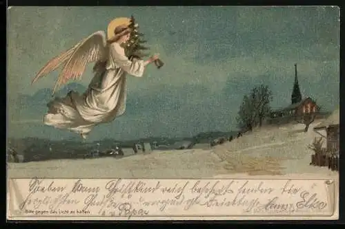 Lithographie Leuchtender Weihnachtsengel mit Weihnachtsbaum und Glocke, Halt gegen das Licht
