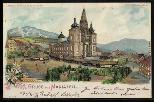 Lithographie Mariazell, Ansicht der Wallfahrtskirche, Mondschein und Gnadenbild bei Halt gegen das Licht