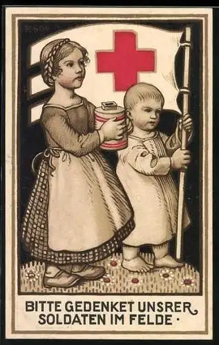 Künstler-AK Nürnberg, Kinder mit Fahne und Spendenbüchse, Rotes Kreuz-Sammlung, Ganzsache Bayern