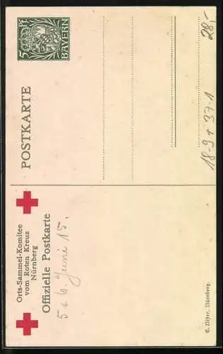 Künstler-AK Nürnberg, Kinder mit Fahne und Spendenbüchse, Rotes Kreuz-Sammlung, Ganzsache Bayern