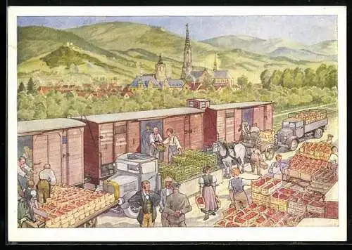 Künstler-AK Frühobst und Frühgemüse fahren mit dem D-Zug um die Wette