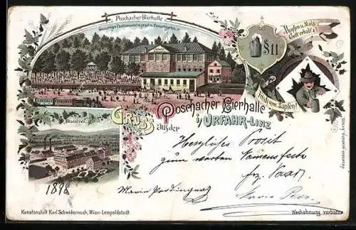 Lithographie Urfahr-Linz, Poschacher Bierhalle, Brauerei