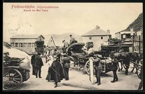 AK Ferdinandshöhe /Stilfserjochstrasse, Ankunft der Mail Coach am Hotel