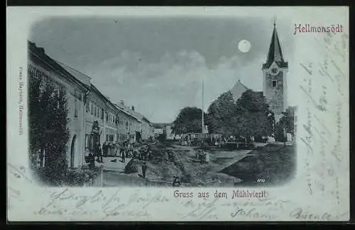 Mondschein-AK Hellmonsödt /Mühlviertl, Strassenpartie mit Gasthaus und Kirche