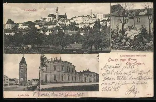 AK Enns /Ober-Oesterr., Bahnhof, Stadtplatz, Kaltenbrunner Denkmal und Totalansicht