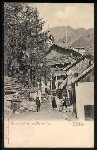 AK Sölden, Strassenpartie am Gasthof Grüner Alpenverein