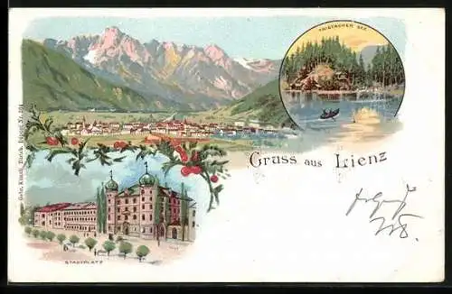 Lithographie Lienz, Totalansicht, Strassenpartie am Stadtplatz, Tristacher See