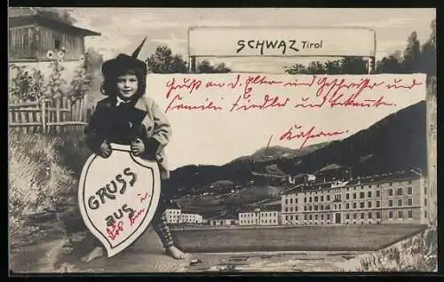 AK Schwaz /Tirol, Ortsansicht, Knabe mit Schild