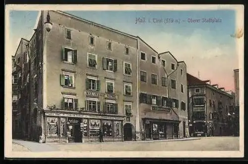 AK Hall i. Tirol, Geschäft v. Max Jeggles Witwe, Oberer Stadtplatz