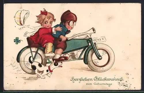 AK Motorrad mit Kindern und Hund