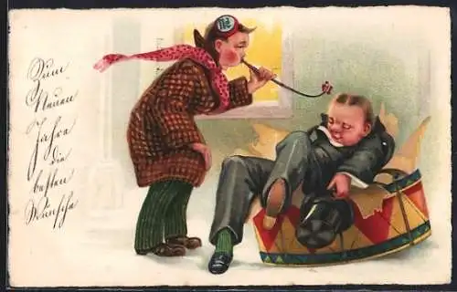 Künstler-AK Ein Mann trötet, der andere liegt in einer Trommel, Zum Neuen Jahre die besten Wünsche