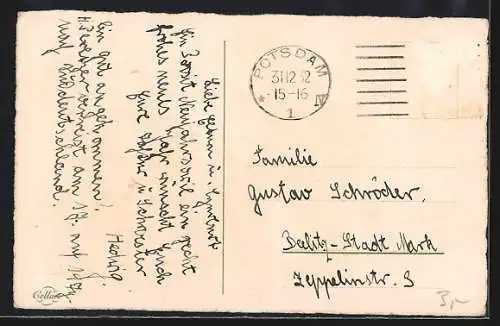 Künstler-AK Ein Mann trötet, der andere liegt in einer Trommel, Zum Neuen Jahre die besten Wünsche