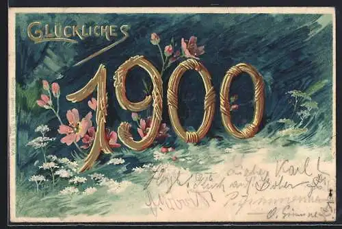 Künstler-AK Jahreszahl 1900 mit Blumen, Glückliches 1900