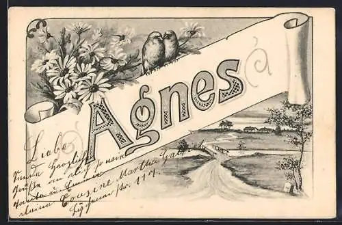 Künstler-AK Namenstag Agnes, Blumen und Finken mit Flusslandschaft