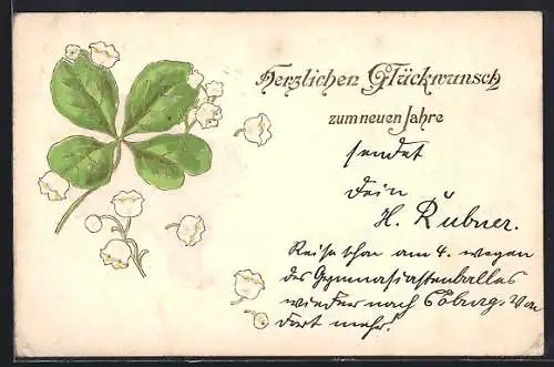 Künstler-AK Kleeblatt und Maiglöckchen, Herzlichen Glückwunsch zum neuen Jahre
