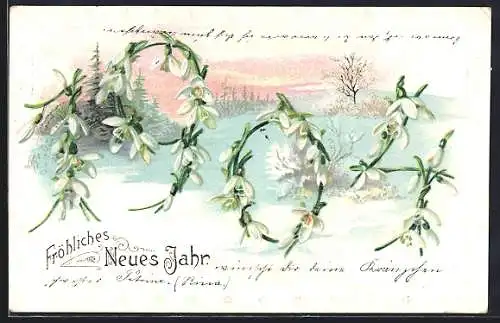 Künstler-AK Jahreszahl 1904 aus Schneeglöckchen in winterlicher Landschaft, Fröhliches Neues Jahr
