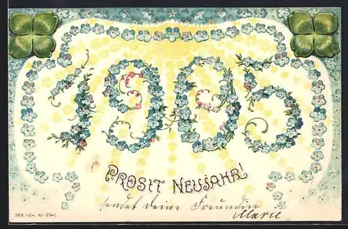 Künstler-AK Jahreszahl 1905, Prosit Neujahr, Kleeblätter und Blumen