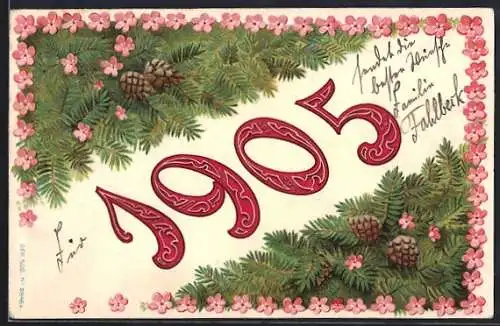 Präge-AK Jahreszahl 1905 mit Vergissmeinnicht und Tannenzweigen
