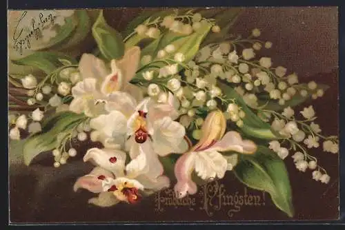 Künstler-AK Blumenstrauss mit Maiglöckchen, Fröhliche Pfingsten