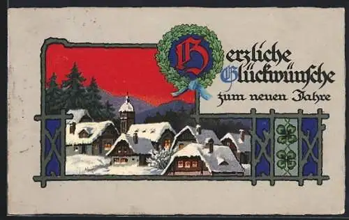 Künstler-AK Landschaft mit Kirche im Winter, Neujahrsglückwünsche
