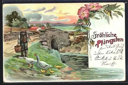 Lithographie Fröhliche Pfingsten, Bauer mit Gänseschar