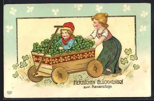 Künstler-AK Kind schiebt anderes Kind in einem Bollerwagen mit Klee, Herzlichen Glückwunsch zum Namenstage