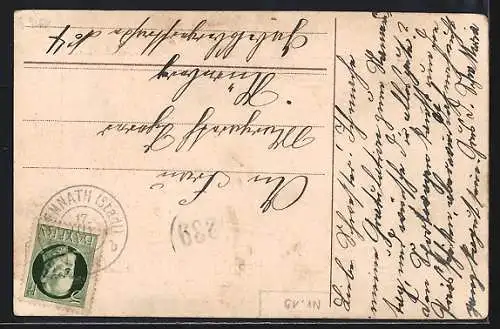 Künstler-AK Kind schiebt anderes Kind in einem Bollerwagen mit Klee, Herzlichen Glückwunsch zum Namenstage