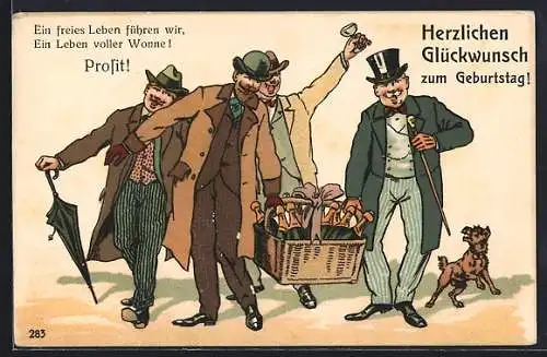 Künstler-AK Männer mit Champagner, Herzlichen Glückwunsch zum Geburtstag