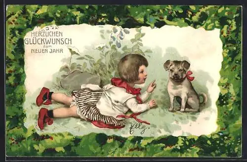 AK Kind mit Hund auf einer Wiese, Herzlichen Glückwunsch zum neuen Jahr