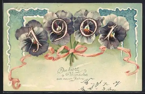 Lithographie Jahreszahl 1901 mit Veilchen, Die besten Wünsche zum neuen Jahre