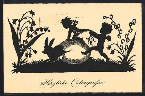 AK Elfen mit einem Osterhasen der aus einem Ei schlüpft